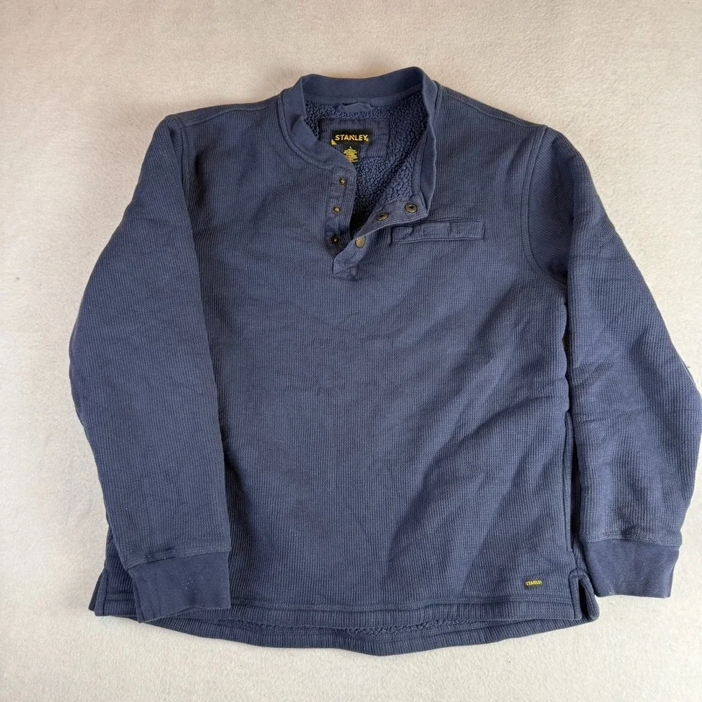 Stanley Mens Navy Waffle Knit Sherpa Lined Henley Pullover Sweatshirt Large